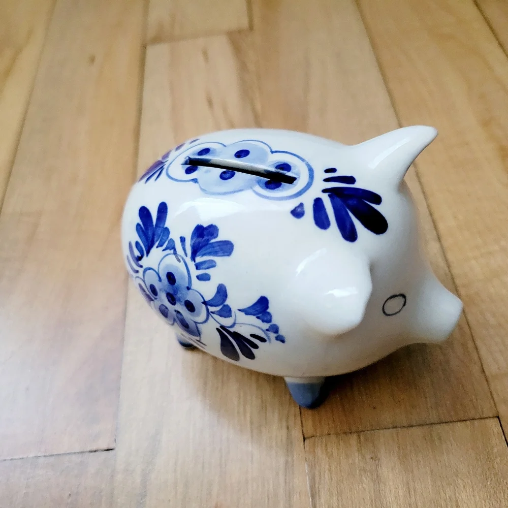 Vintage Handmade Delft Pottery Small Floral & Nautical Ship Dutch Piggy Bank